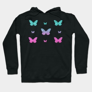 Bright Pink Teal Ombre Faux Glitter Butterflies Hoodie